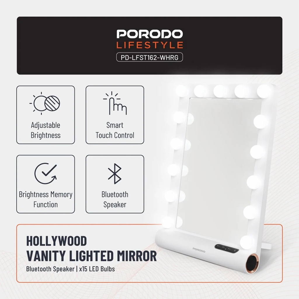 Porodo Hollywood Vanity Mirror – 15 LED Bulbs, Bluetooth Speaker, Smart Touch, Brightness Memory, Auto-Off | White Rose Gold | PDLFST162WHRG |