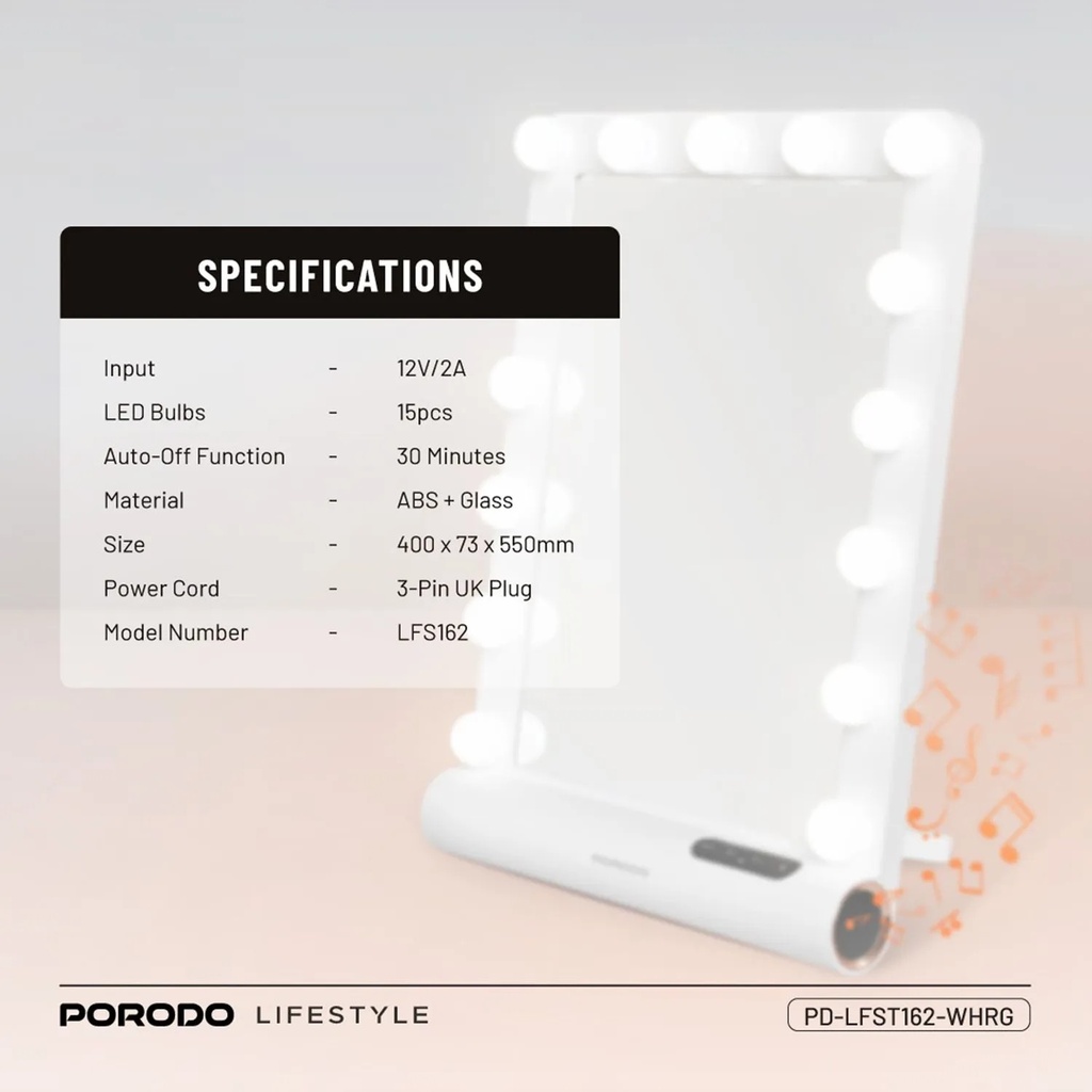 Porodo Hollywood Vanity Mirror – 15 LED Bulbs, Bluetooth Speaker, Smart Touch, Brightness Memory, Auto-Off | White Rose Gold | PDLFST162WHRG |
