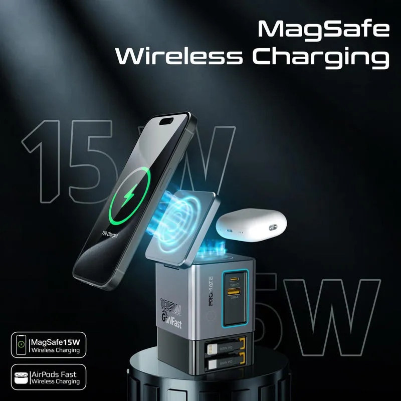 Promate 105W GaNFast Multi-Port Wireless Charging Station with Dual Retractable Cables | PowerSync-105 |