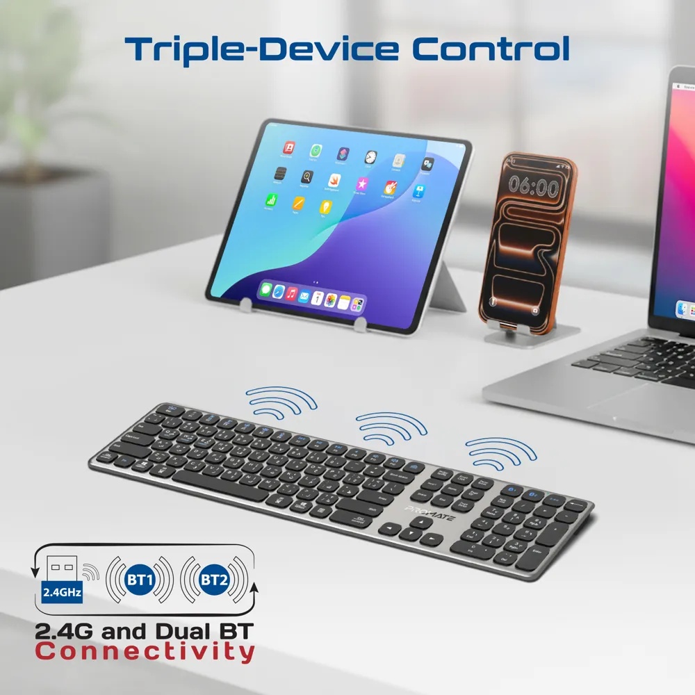 Promate Full-Size Slim Wireless Keyboard with Scissor Keys, Multi-Device Bluetooth 5.1 & 2.4GHz, USB-C Rechargeable, 100-Hour Battery, Compatible with Windows, Mac & Android | ProKeys-X2.EN\AR |