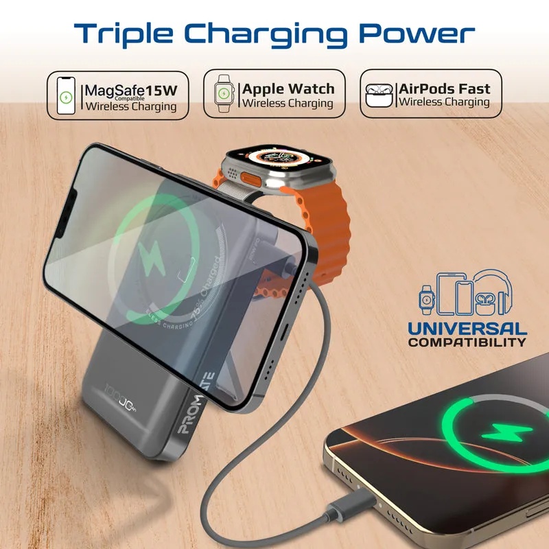 Promate Ultra-Compact 3-in-1 MagSafe Compatible Wireless Charging Power Bank – 10000mAh, 20W PD with Apple Watch Support | Mavrix-3 |