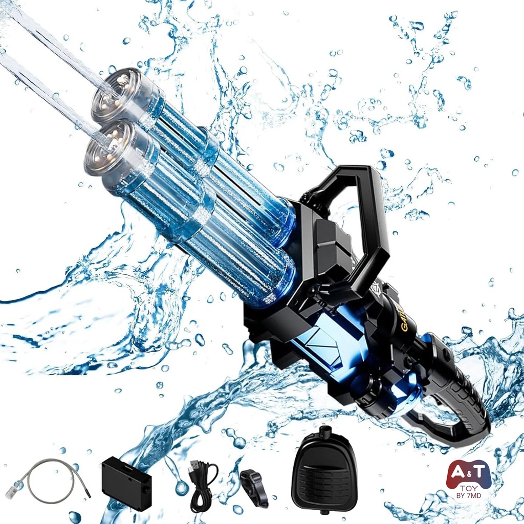 A&T TOY Super Gatling Water Gun – Double Barrel Automatic Water Gun with LED Lights, Rechargeable Battery & Large Backpack Tank | A&T-005G |