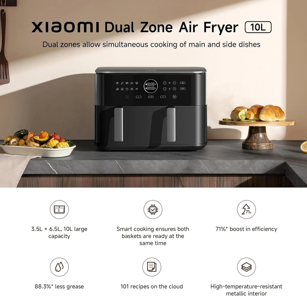 Xiaomi Dual Zone Air Fryer 10L – 2 Baskets (3.5L + 6.5L), 2700W, 6-in-1 Functions: Air Fry, Roast, Bake, Grill, Reheat, Dehydrate | MAF-D1001 |