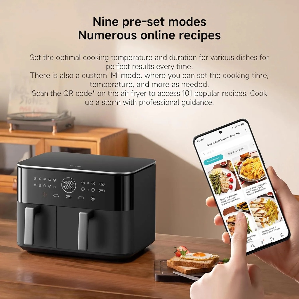 Xiaomi Dual Zone Air Fryer 10L – 2 Baskets (3.5L + 6.5L), 2700W, 6-in-1 Functions: Air Fry, Roast, Bake, Grill, Reheat, Dehydrate | MAF-D1001 |