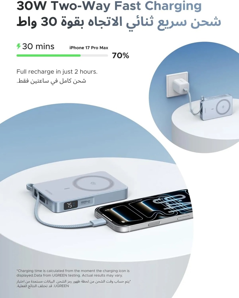 UGREEN MagFlow Qi2 25W MagSafe Power Bank – 10000mAh, 30W USB-C Built-in Cable, Magnetic Wireless Charger for iPhone 17 | PB773 \ 65958B |