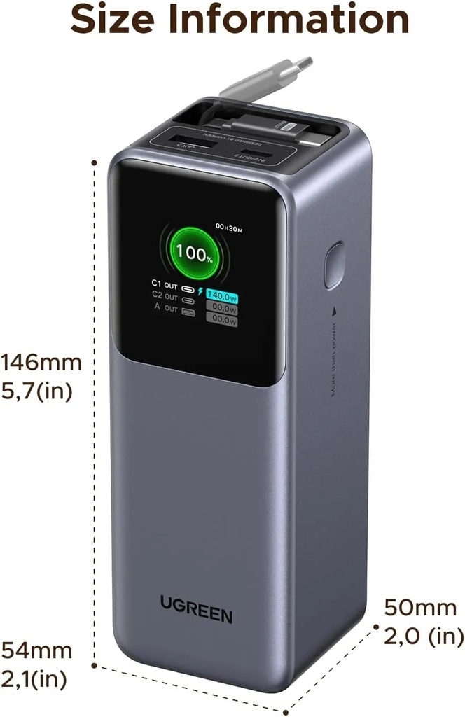 UGREEN Nexode 165W Laptop Power Bank 20,000mAh – Built-in Retractable USB-C Cable, 100W Fast Charging | PB726 \ 55987B |