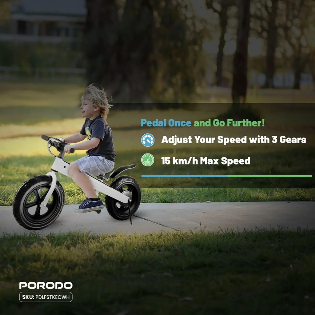 Porodo Lifestyle Joy Cruiser Kids Electric Bike – 2600mAh, 3 Gears, LED Display, Brushless Motor, Max Speed 15 km/h, Ages 3–14 | PDLFSTKECWH |