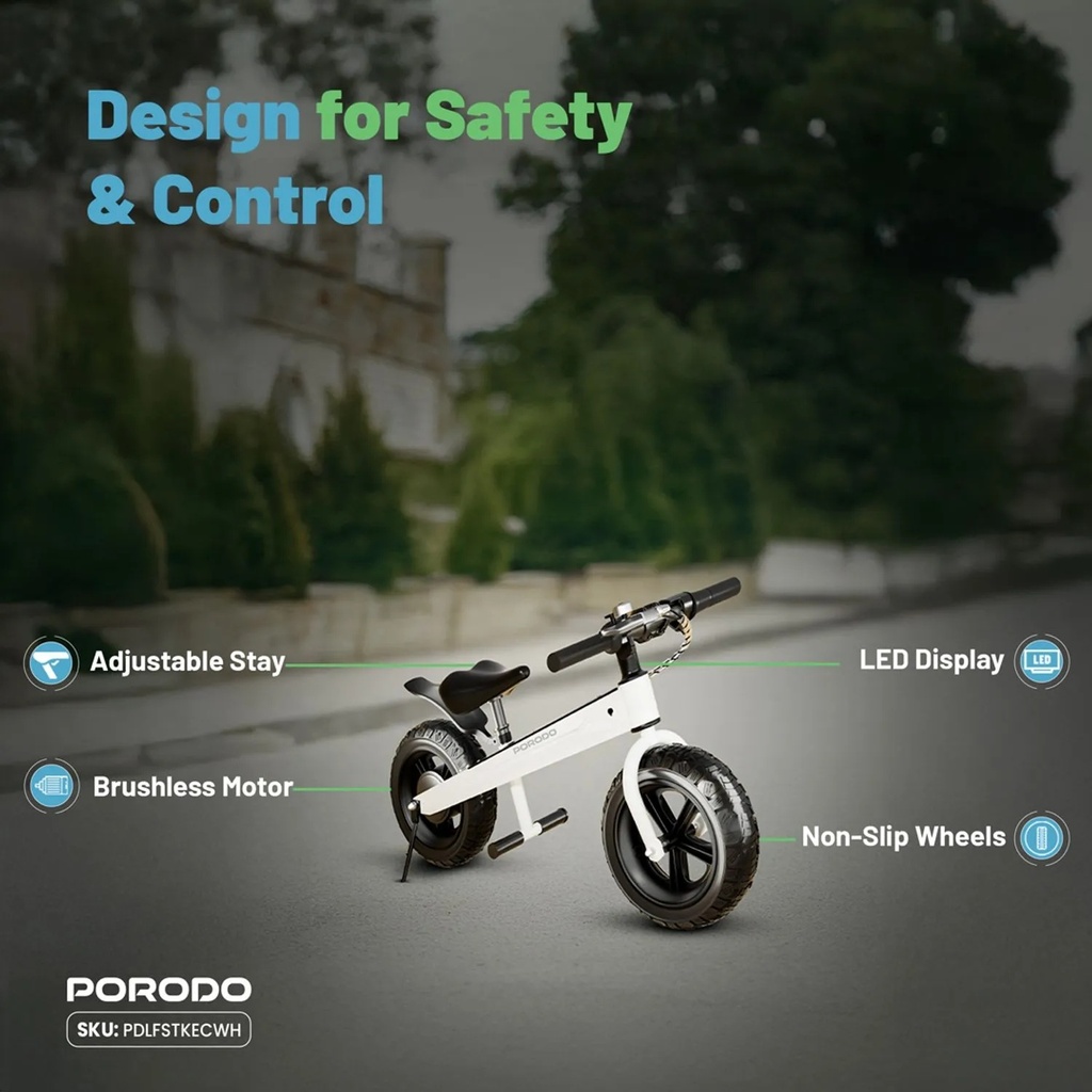 Porodo Lifestyle Joy Cruiser Kids Electric Bike – 2600mAh, 3 Gears, LED Display, Brushless Motor, Max Speed 15 km/h, Ages 3–14 | PDLFSTKECWH |