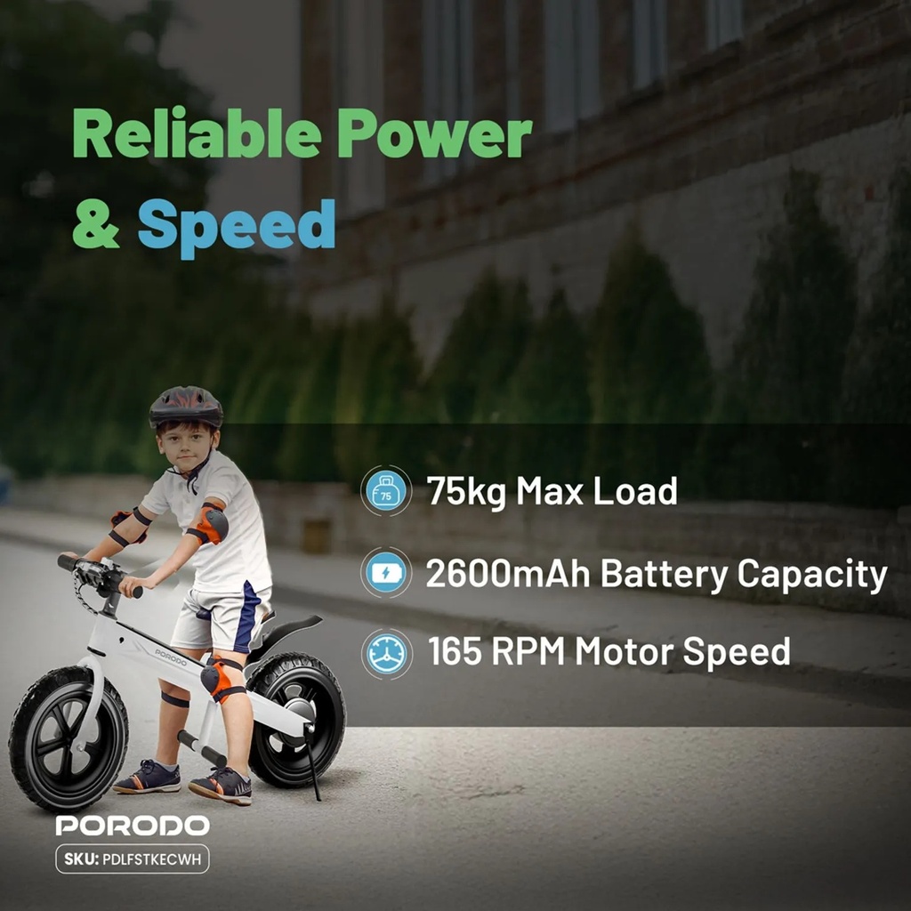 Porodo Lifestyle Joy Cruiser Kids Electric Bike – 2600mAh, 3 Gears, LED Display, Brushless Motor, Max Speed 15 km/h, Ages 3–14 | PDLFSTKECWH |