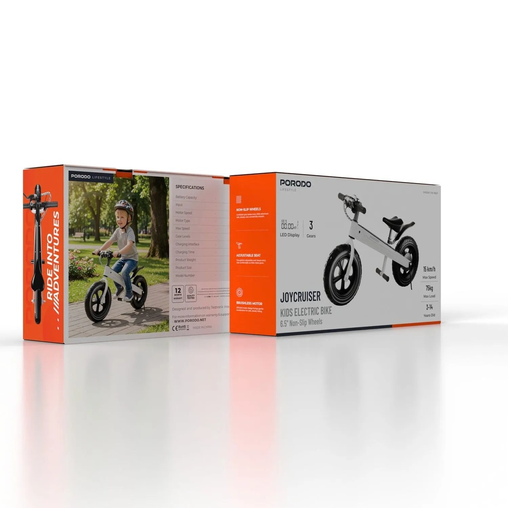 Porodo Lifestyle Joy Cruiser Kids Electric Bike – 2600mAh, 3 Gears, LED Display, Brushless Motor, Max Speed 15 km/h, Ages 3–14 | PDLFSTKECWH |