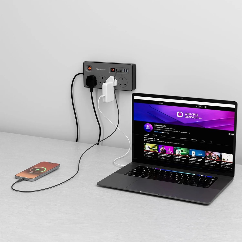 Powerology 2990W Power Strip with 4 AC Sockets, Dual USB-C PD & Dual USB-A QC, Digital Display, 99H Timer and 2m UK Plug | PWCUQC045BK |