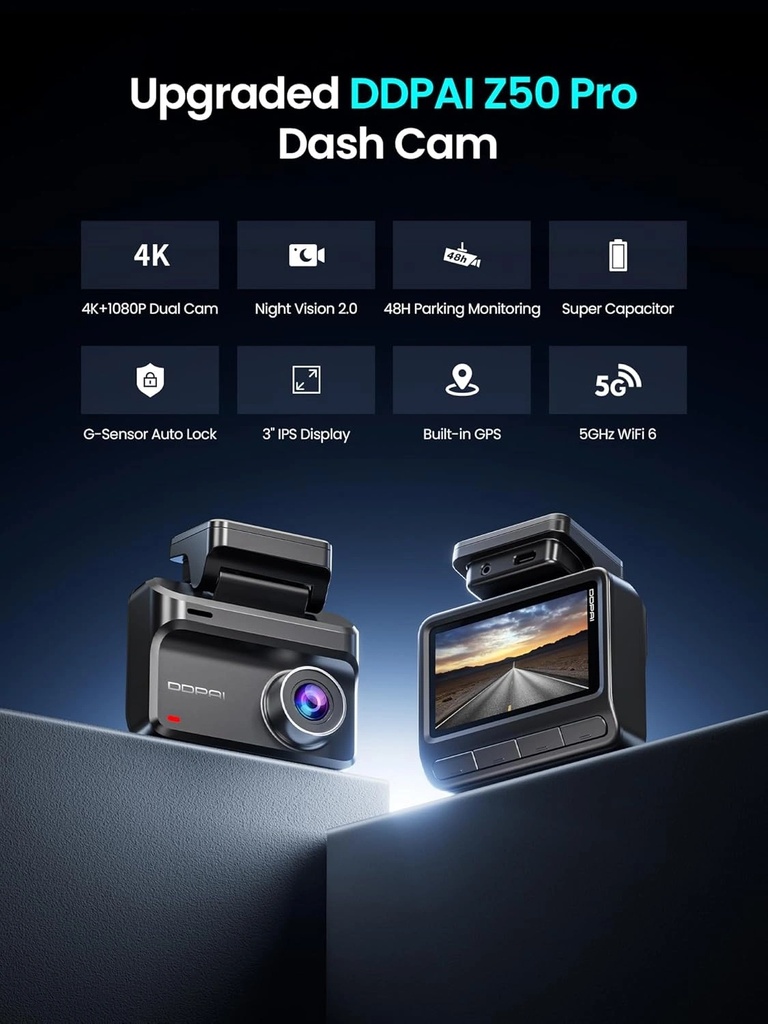 DDPAI Z50 Pro Dual-Channel Dash Cam with 4K Front & 1080P Rear Recording, WiFi 6, Built-in GPS, ADAS & 64GB Card | DR200401 |