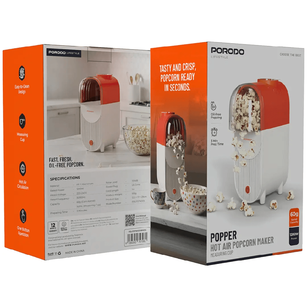 Porodo Lifestyle Popper Hot Air Popcorn Maker with Measuring Cup | PDLFSTN005WHOG |
