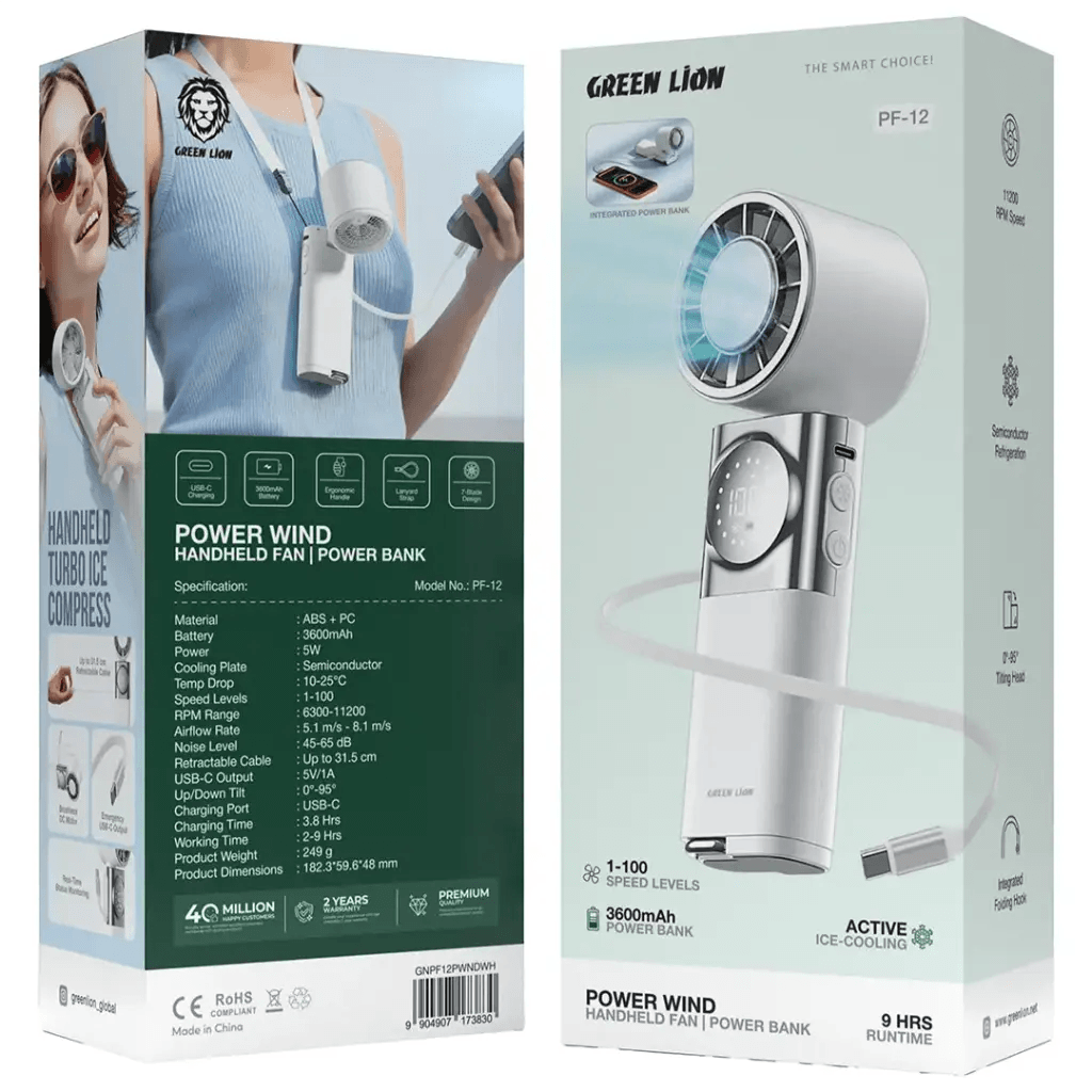 Green Lion Power Wind Handheld Fan with Power Bank – 3600mAh Battery, 11200RPM, Up to 9 Hours Runtime | GNPF12PWNDWH |