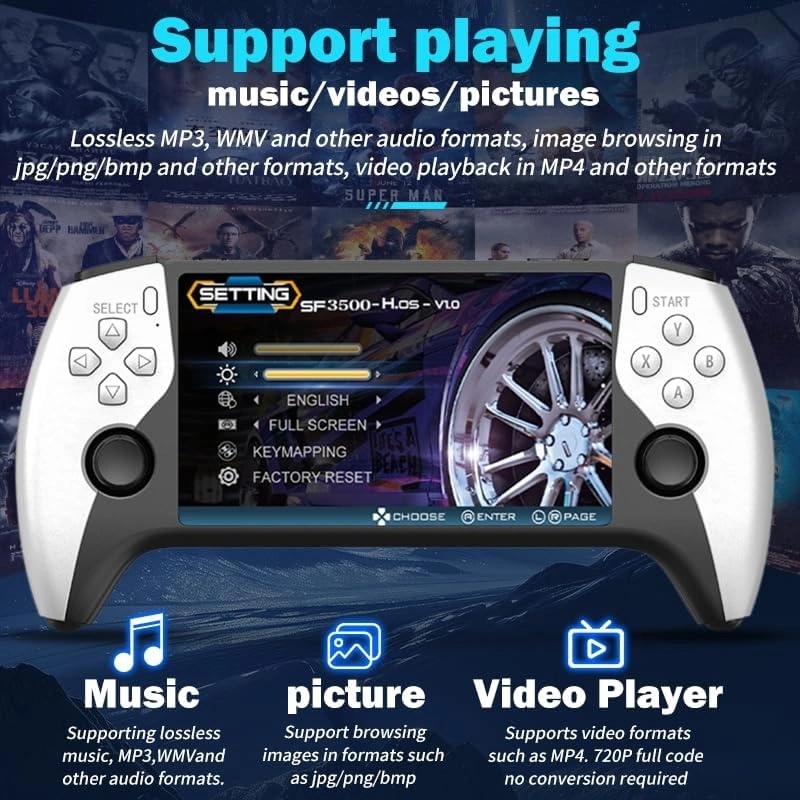 SF3500 Plus Handheld Game Console – 5-Inch IPS Display, Dual-Core 1.2G CPU, 2GB DDR3, FHD Output