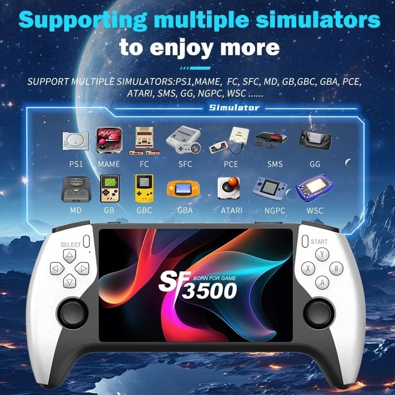 SF3500 Plus Handheld Game Console – 5-Inch IPS Display, Dual-Core 1.2G CPU, 2GB DDR3, FHD Output