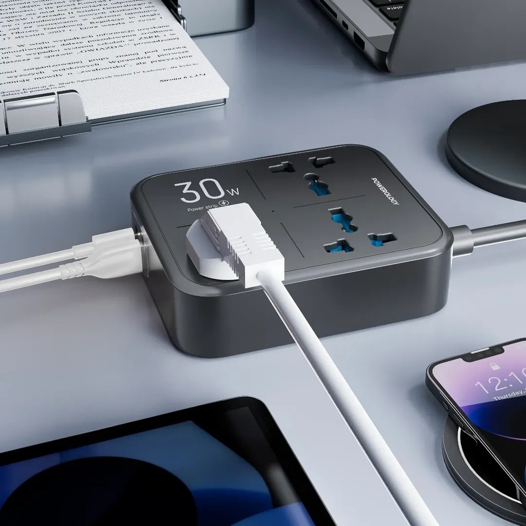 Powerology Power Strip 3250W – 3 AC Outlets with USB-A & USB-C PD Fast Charging | PWCUQC037 |