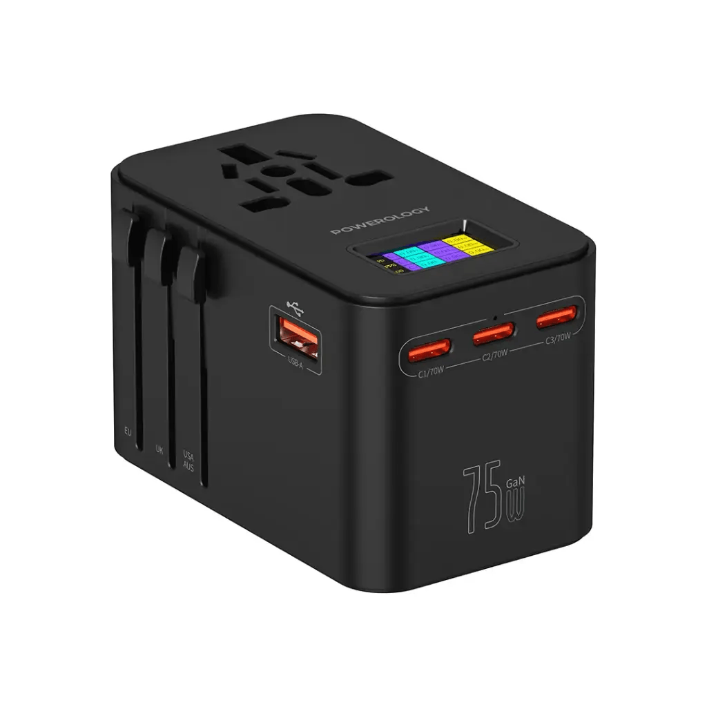 Powerology GaN 75W Universal Charger – 2500W Universal Travel Adapter with 3× USB-C, 1× USB-A & PD 70W Fast Charging | PWC041 | PWCUQC041 |