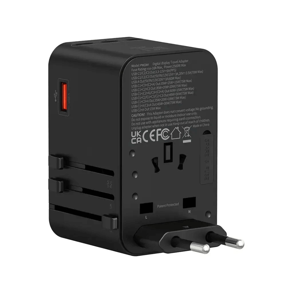 Powerology GaN 75W Universal Charger – 2500W Universal Travel Adapter with 3× USB-C, 1× USB-A & PD 70W Fast Charging | PWC041 | PWCUQC041 |