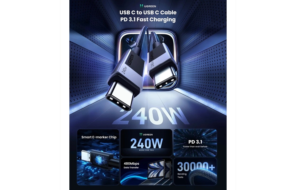Ugreen L513 USB-C to USB-C Fast Charging Cable – 240W PD 3.1, 5A, 2M Braided Cable with Smart E-Marker Chip | 45068 |