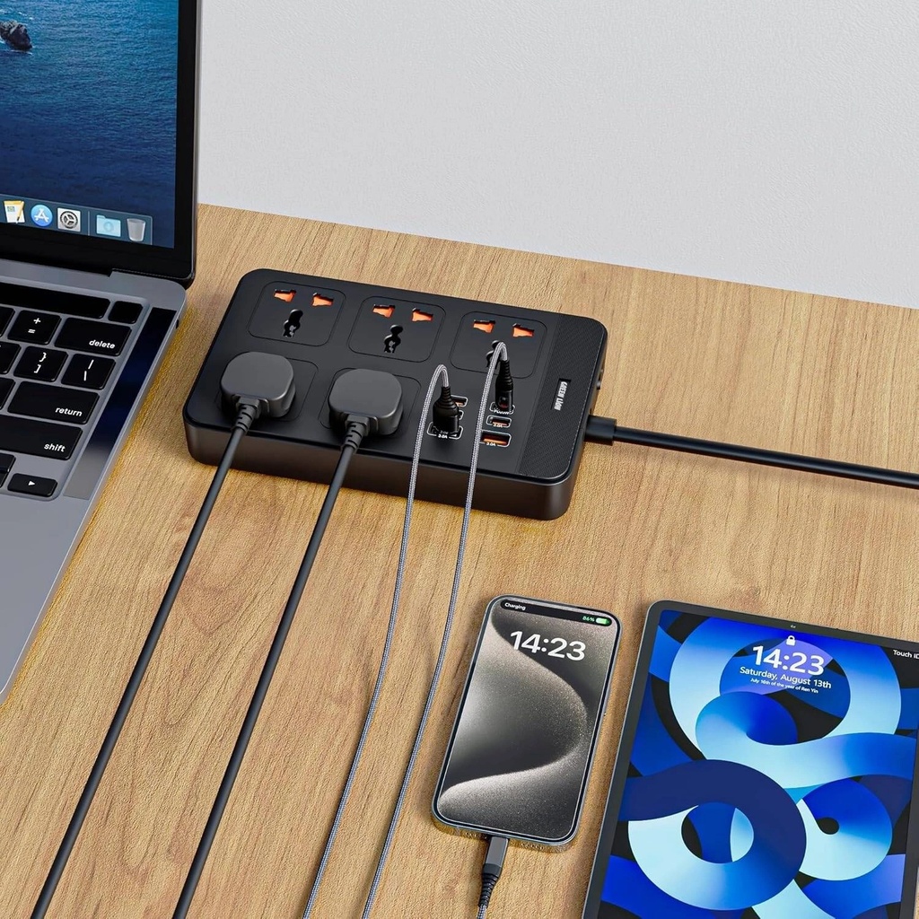 Green Lion GS-500 Power Socket 2500W 11-in-1 Extension with 5 AC Sockets PD 20W USB-C Fast Charging - Multi-Port Power Strip for Home and Office | GNGS500PSBK |