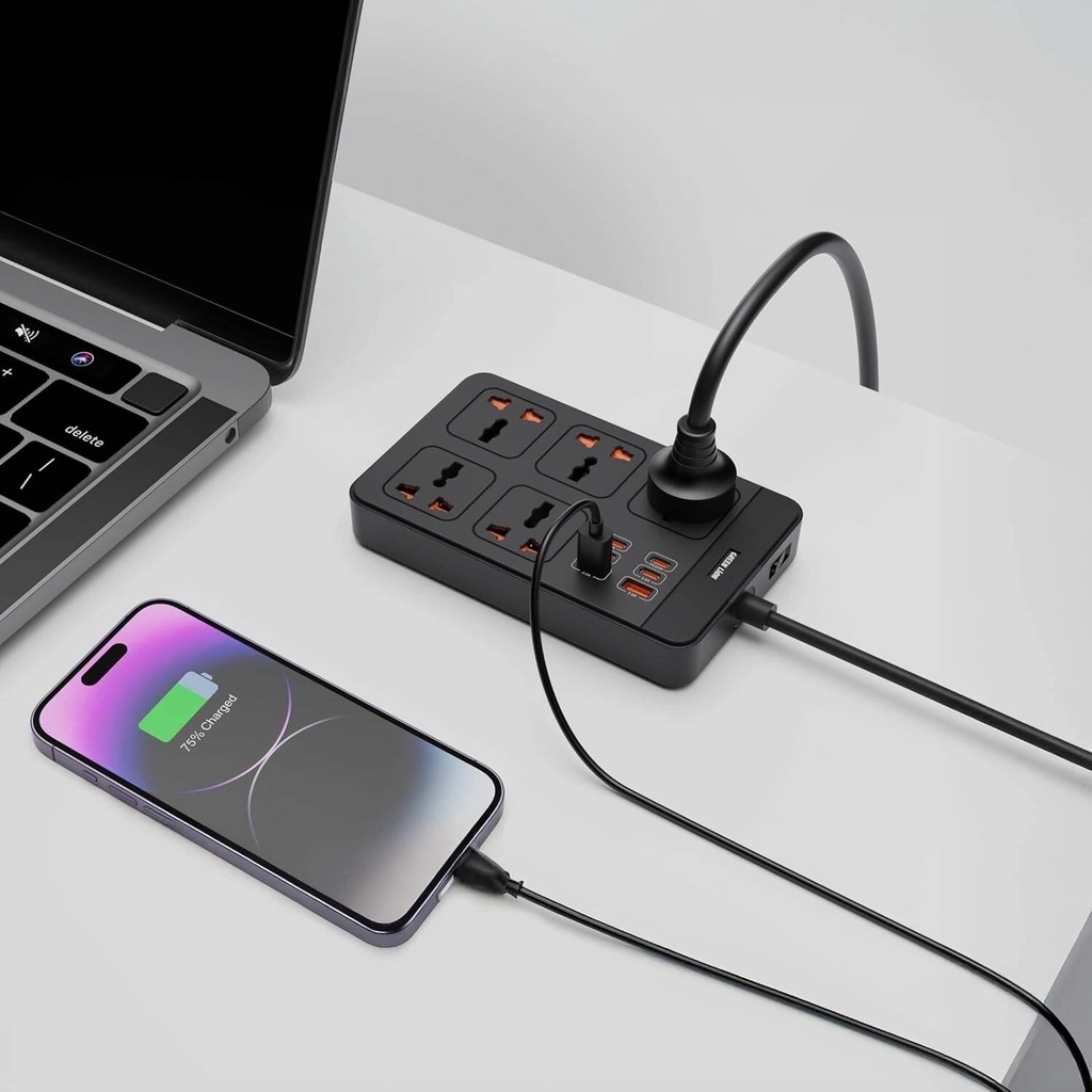 Green Lion GS-500 Power Socket 2500W 11-in-1 Extension with 5 AC Sockets PD 20W USB-C Fast Charging - Multi-Port Power Strip for Home and Office | GNGS500PSBK |