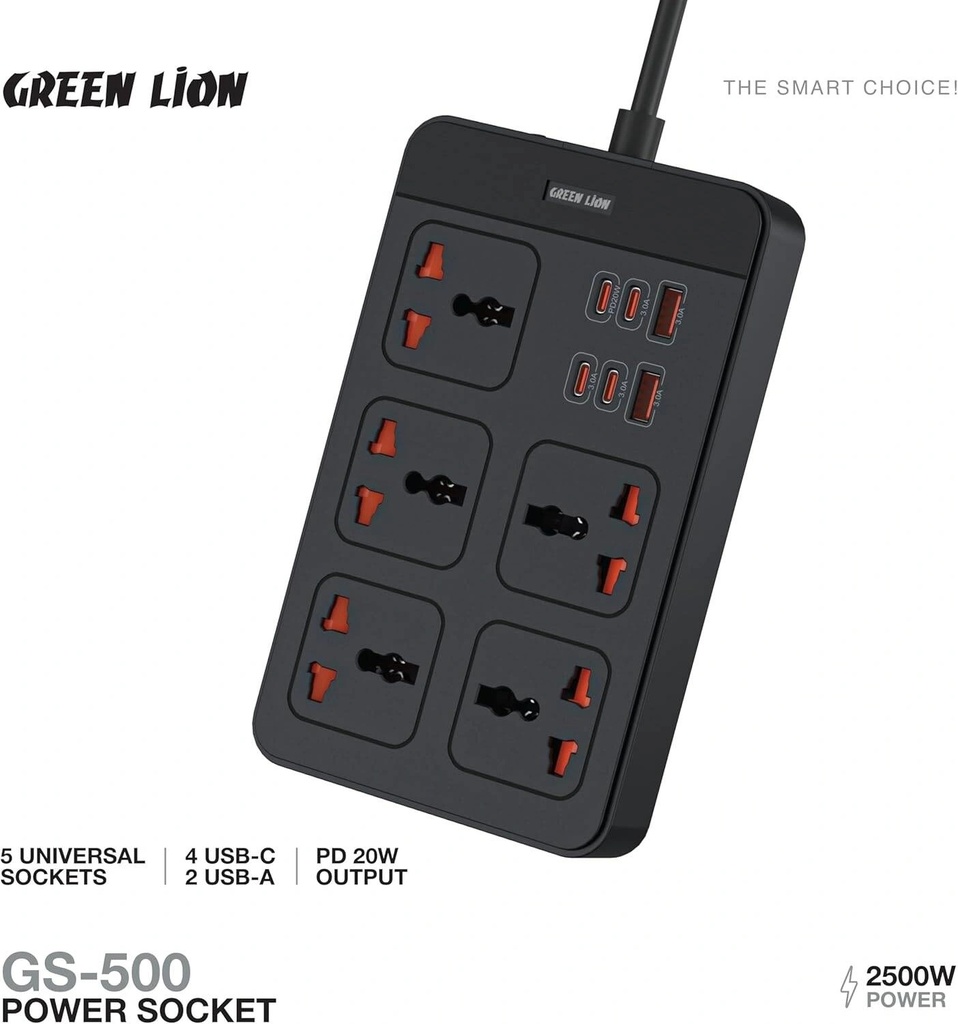 Green Lion GS-500 Power Socket 2500W 11-in-1 Extension with 5 AC Sockets PD 20W USB-C Fast Charging - Multi-Port Power Strip for Home and Office | GNGS500PSBK |