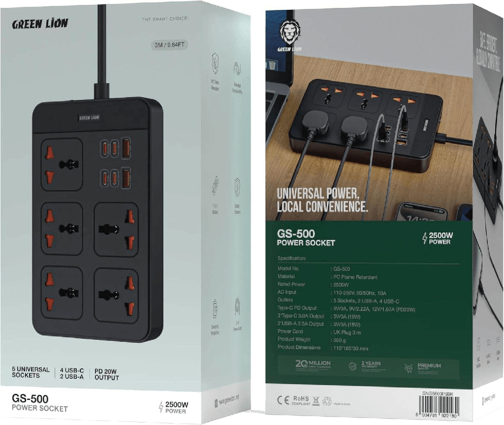 Green Lion GS-500 Power Socket 2500W 11-in-1 Extension with 5 AC Sockets PD 20W USB-C Fast Charging - Multi-Port Power Strip for Home and Office | GNGS500PSBK |