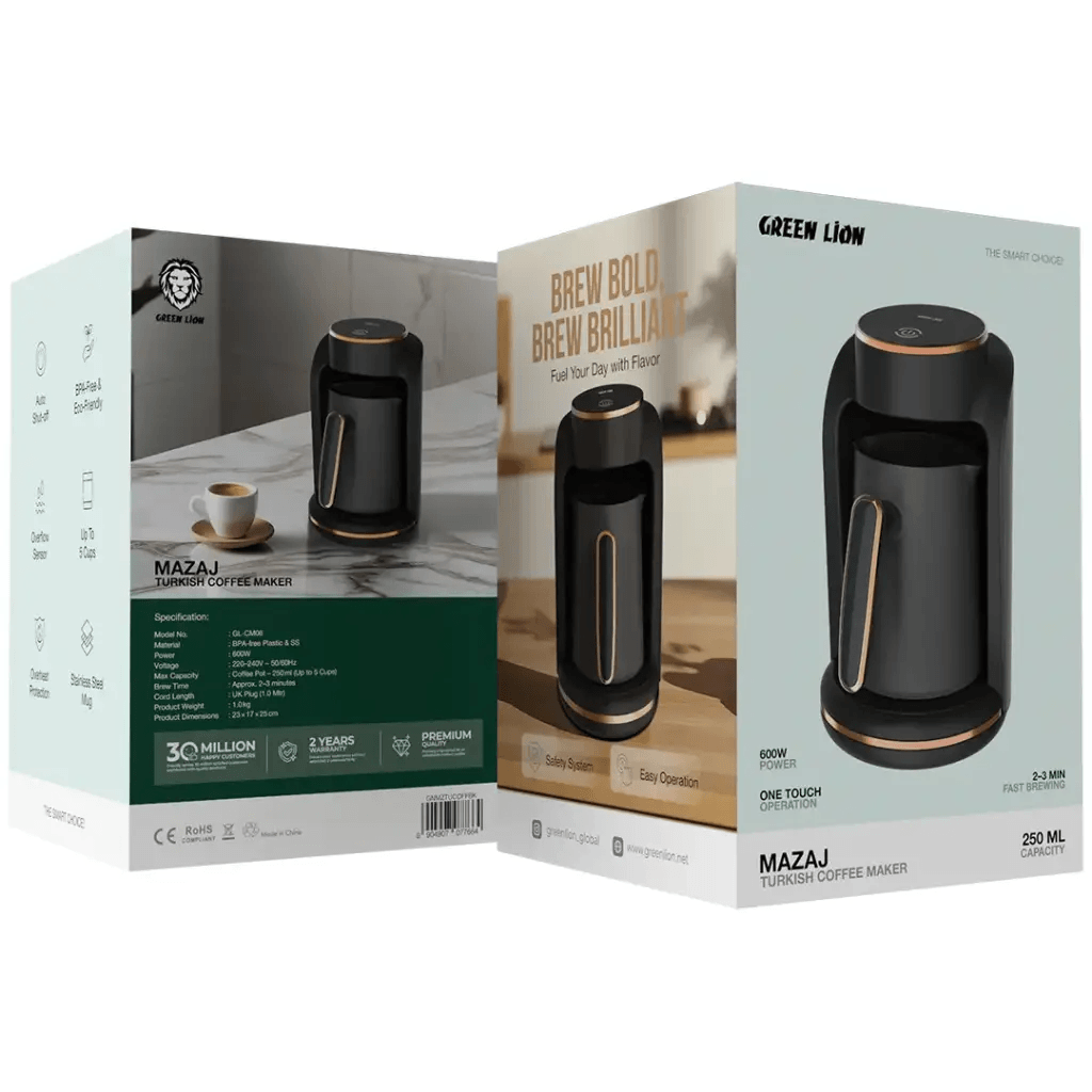 Green Lion Mazaj Turkish Coffee Maker 600W 250mL Capacity 5-Cup One-Touch Brewing - Fast Brewing with Auto Shut-Off and Overflow Protection | GNMZTUCOFFBK |