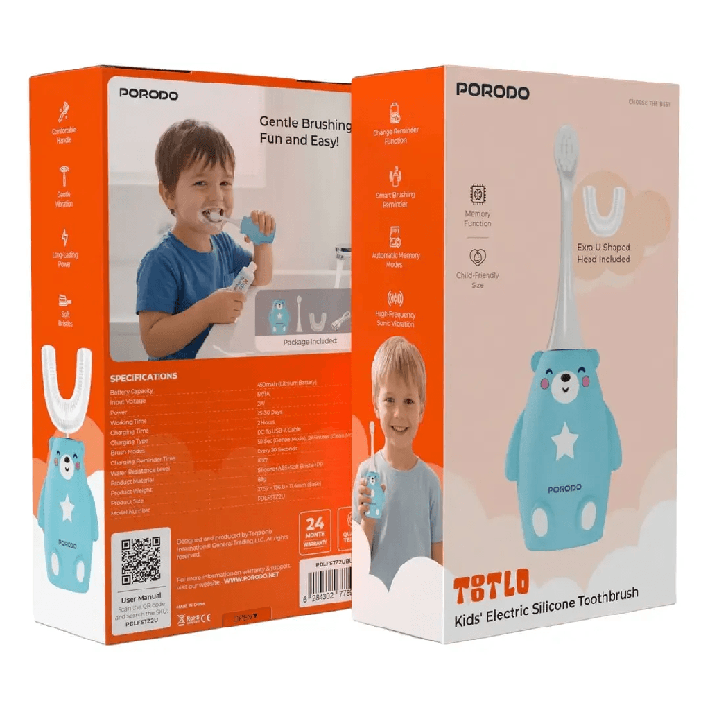 Porodo Totlo Kids' Electric Silicone Toothbrush 450mAh Battery IPX7 Waterproof Sonic Vibration USB Rechargeable - Soft U-Shaped Toothbrush for Gentle Kids' Oral Care | PDLFSTZ2U |