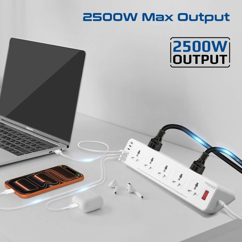 PROMATE Power Strip 2500W 10 AC Sockets 6 USB Ports 33W Fast Charging 5M Cable - Space-Efficient Extension with Surge Protection | PowerMatrix2-5M |