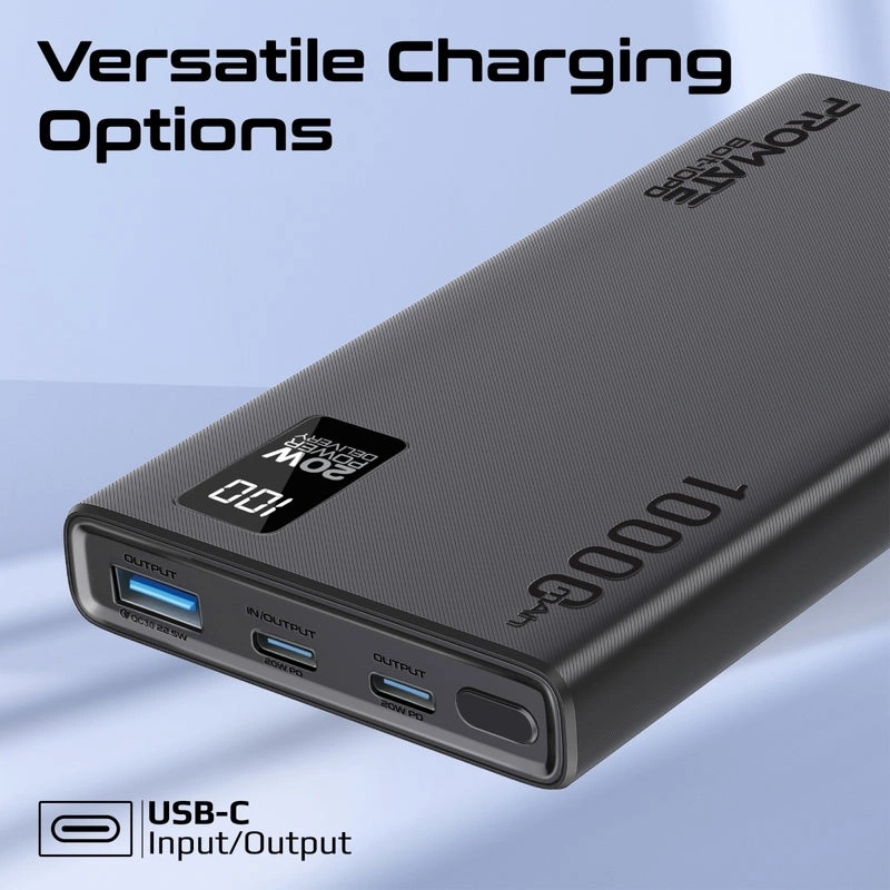 PROMATE Power Bank 10000mAh 20W PD Dual USB-C 22.5W USB-A Fast Charging - Compact Portable Li-Polymer Battery Pack | Bolt-10PD |