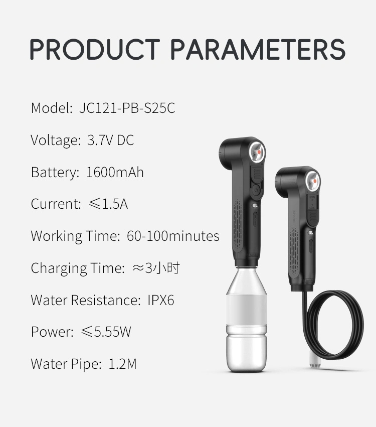Portable Water Jet & Beam Bidet with LED Display, 1600mAh Rechargeable Battery, IPX6 Waterproof, 1.2M Hose - Handheld Bidet Unit Only (Water Bottle Not Included) | JP121-PB-S25C |