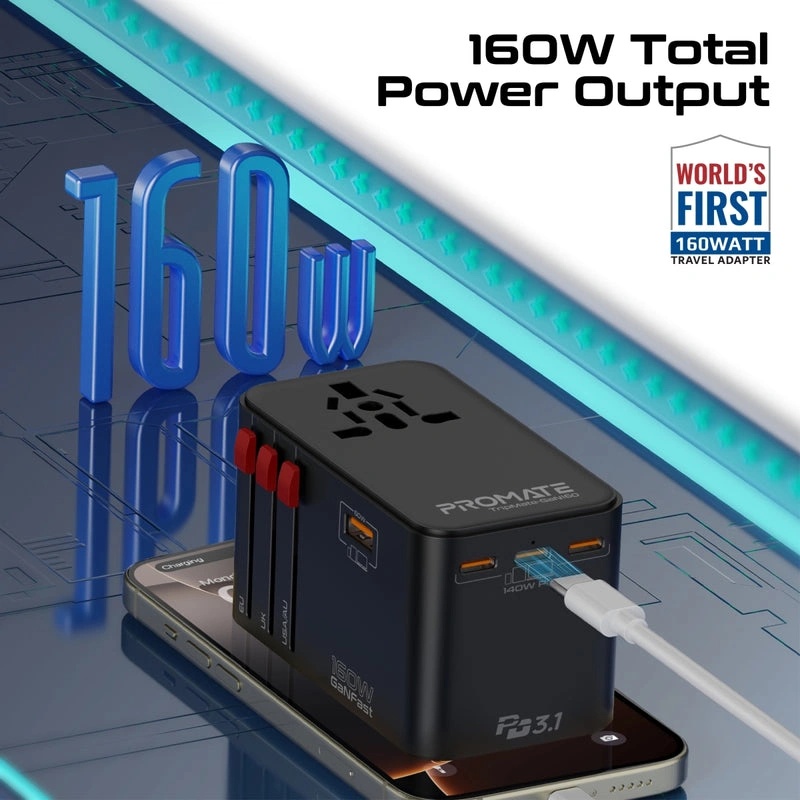 PROMATE GaNFast™ 160W Universal Travel Adapter with 3 USB-C PD Ports, 60W USB-A, Universal AC Socket & Worldwide Plug Compatibility | TripMate-GaN160 |