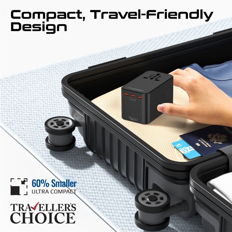 PROMATE GaNFast™ 160W Universal Travel Adapter with 3 USB-C PD Ports, 60W USB-A, Universal AC Socket & Worldwide Plug Compatibility | TripMate-GaN160 |