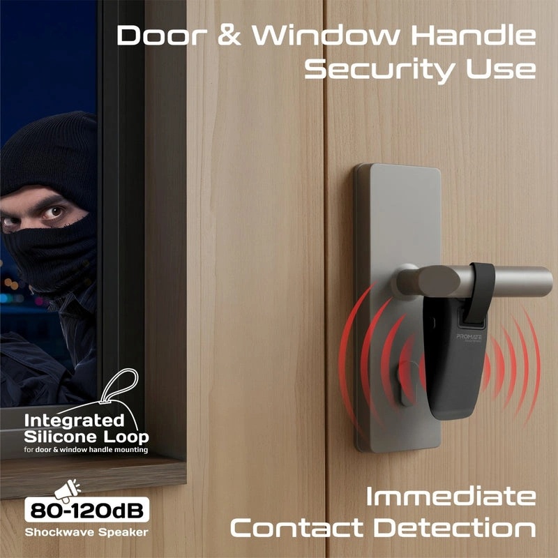 Promate High-Sensitivity Portable Door Stopper Alarm with 80–120dB Siren, Dual Sensitivity Modes & Window/Door Protection | DoorShield |
