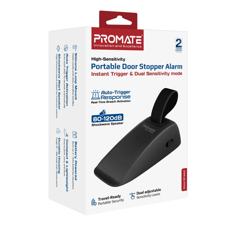 Promate High-Sensitivity Portable Door Stopper Alarm with 80–120dB Siren, Dual Sensitivity Modes & Window/Door Protection | DoorShield |