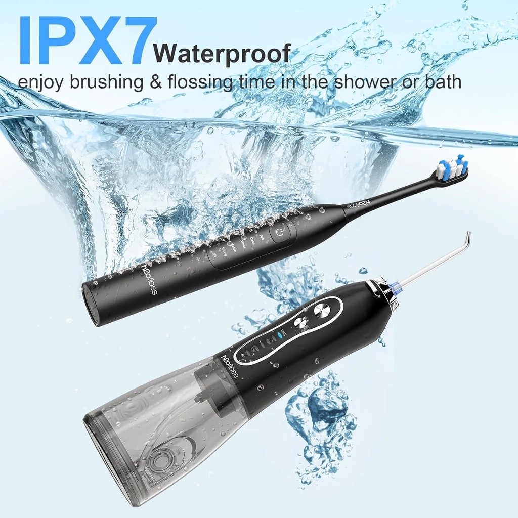 h2ofloss Oral Care Combo Set with Water Flosser & Electric Toothbrush, 300ml Water Tank, 5 Cleaning Modes, 2000mAh Battery & IPX7 Waterproof - Complete Dental Care Kit | HF-6 & BT-02 |