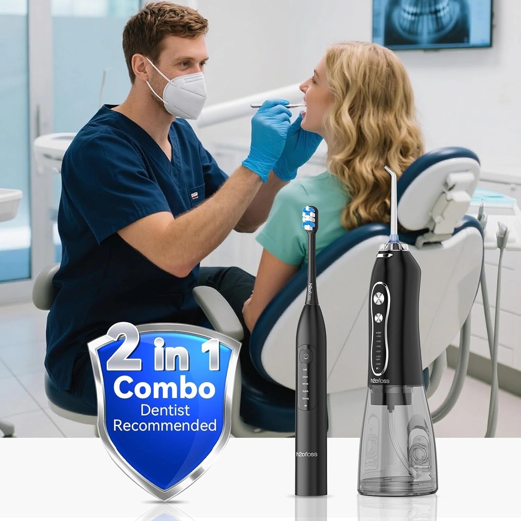h2ofloss Oral Care Combo Set with Water Flosser & Electric Toothbrush, 300ml Water Tank, 5 Cleaning Modes, 2000mAh Battery & IPX7 Waterproof - Complete Dental Care Kit | HF-6 & BT-02 |