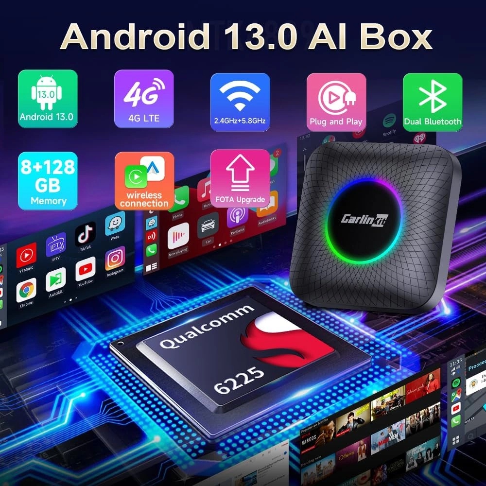 CarlinKit CarPlay AI Box with RGB Ambient Light, Android 13, 8-Core, 8GB RAM, 128GB Storage, Built-in 4G, Wired CarPlay | CPC200-Tbox Ambient |