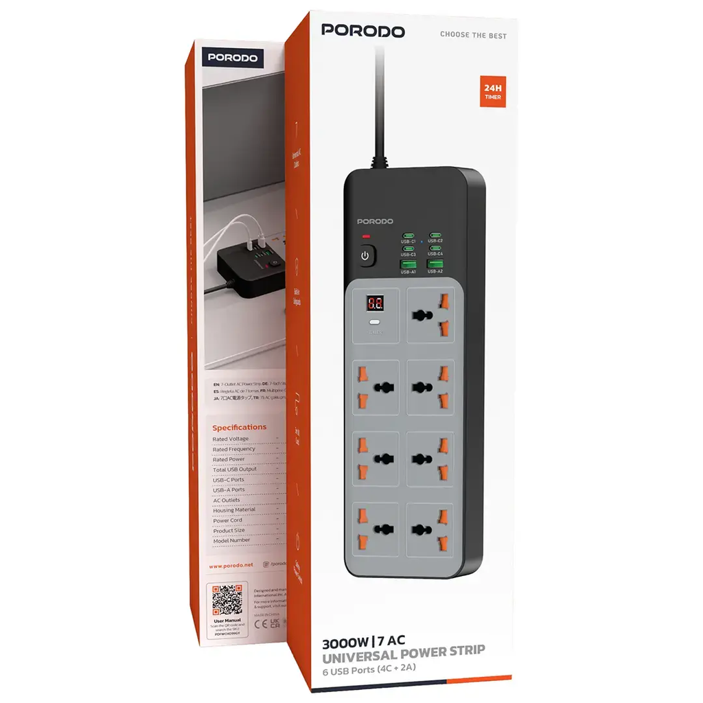 Porodo 3000W | 7AC Universal Power Strip with 6 USB Ports (4C + 2A) | PDFWCH099GY |
