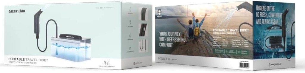 Green Lion Portable Travel Bidet, 2.3L Water Capacity, 800mAh Battery, 30-Minute Runtime, IPX6 Waterproof, 5.55W | GNPORTRBDTBK |