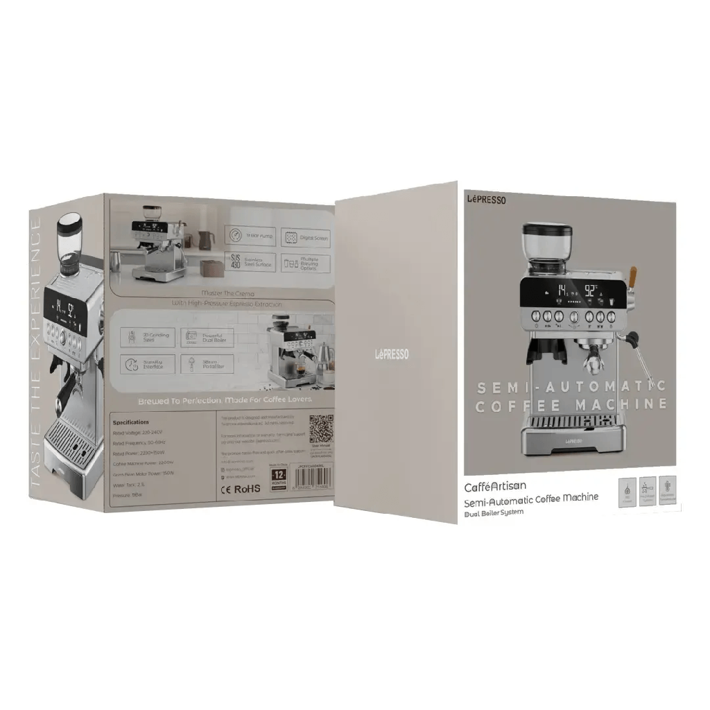 Lepresso CafféArtisan Semi-Automatic Coffee Machine, Dual Boiler & Dual Pump, 2200W, 19-Bar Pressure, 20 Grinding Levels, 2.1L Water Tank | LPCFFCA0043SL |