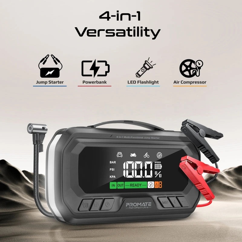 Promate 3000A 12V Jump Starter with 150PSI Air Compressor, 16000mAh Power Bank, 65W PD, LED Flashlight & 7.5-Inch Display | PatrolPack-Ultra |