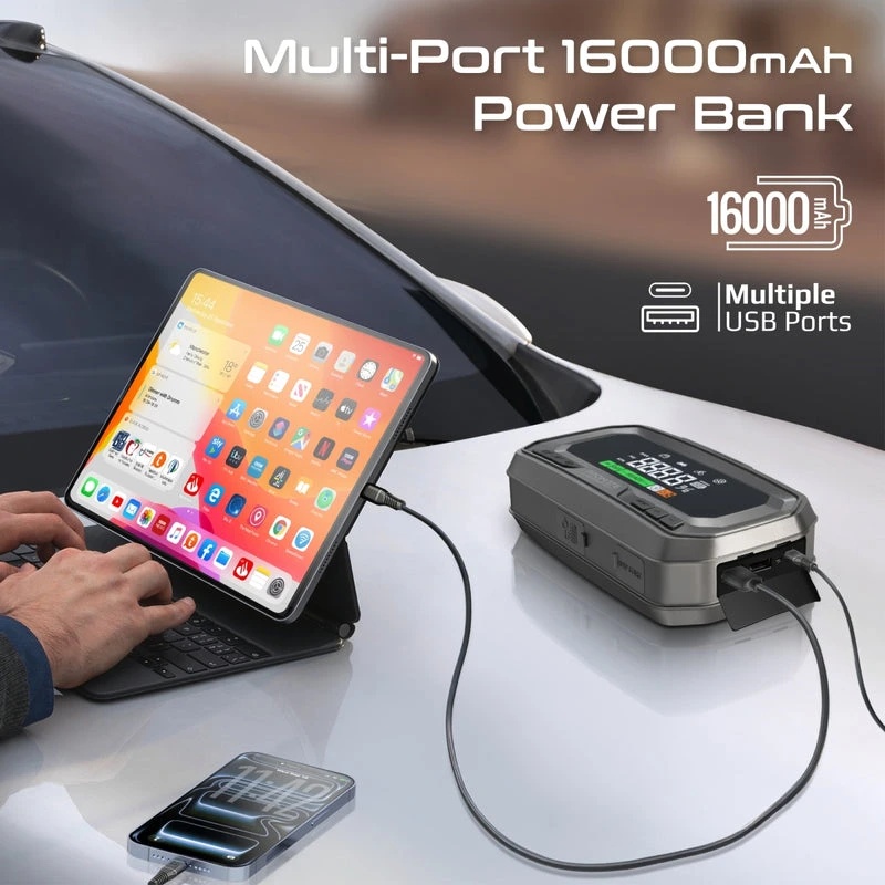 Promate 3000A 12V Jump Starter with 150PSI Air Compressor, 16000mAh Power Bank, 65W PD, LED Flashlight & 7.5-Inch Display | PatrolPack-Ultra |