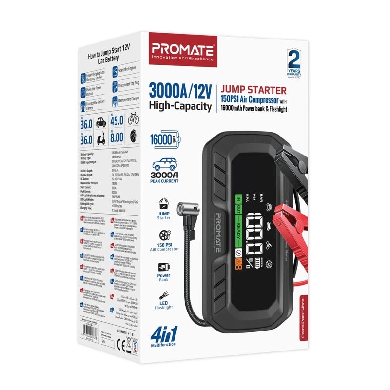 Promate 3000A 12V Jump Starter with 150PSI Air Compressor, 16000mAh Power Bank, 65W PD, LED Flashlight & 7.5-Inch Display | PatrolPack-Ultra |