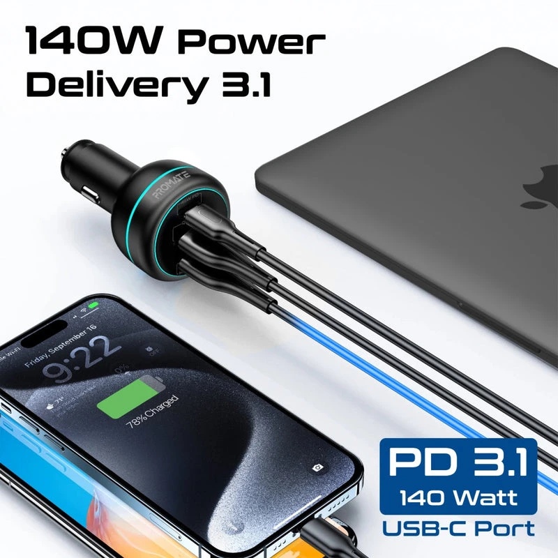 Promate 230W RapidCharge™ Car Charger, 140W PD 3.1, Dual USB-C, 45W USB-A QC 3.0, Multi-Device Fast Charging | PowerDrive-230 |