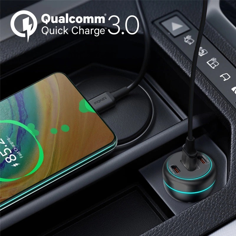 Promate 230W RapidCharge™ Car Charger, 140W PD 3.1, Dual USB-C, 45W USB-A QC 3.0, Multi-Device Fast Charging | PowerDrive-230 |