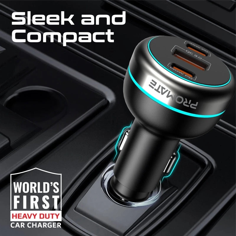 Promate 230W RapidCharge™ Car Charger, 140W PD 3.1, Dual USB-C, 45W USB-A QC 3.0, Multi-Device Fast Charging | PowerDrive-230 |