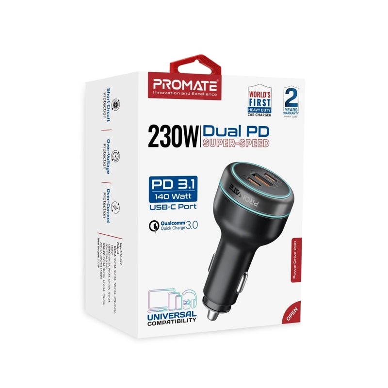 Promate 230W RapidCharge™ Car Charger, 140W PD 3.1, Dual USB-C, 45W USB-A QC 3.0, Multi-Device Fast Charging | PowerDrive-230 |